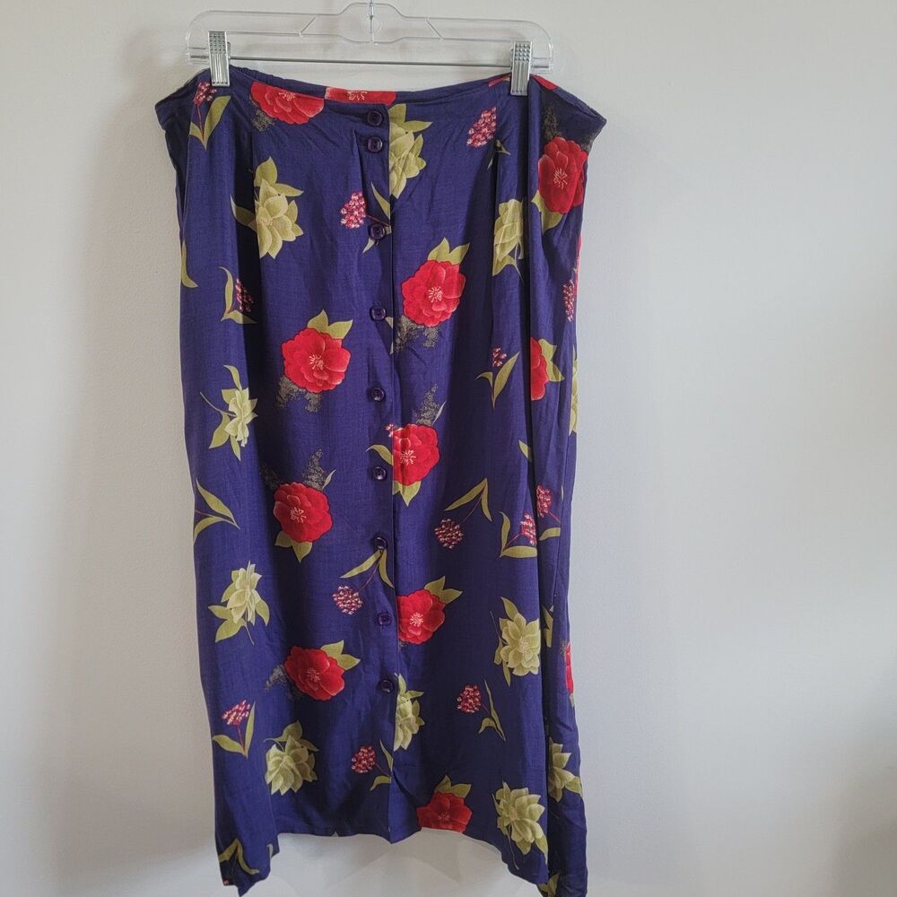 Vintage Womens Maxi Skirt Size 1X Purple Floral Button‎ Up Rose Beach Vacation